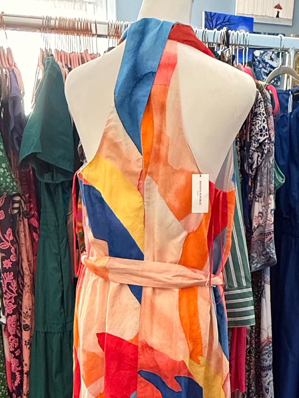Banana Republic Vibrant Abstract Halter Linen Maxi Dress in Red, Blue, Yellow - Picture 2 of 4